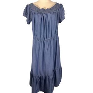 Old Navy Chambray Smocked Off-Shoulder Tiered Midi Dress - Boho Cottagecore